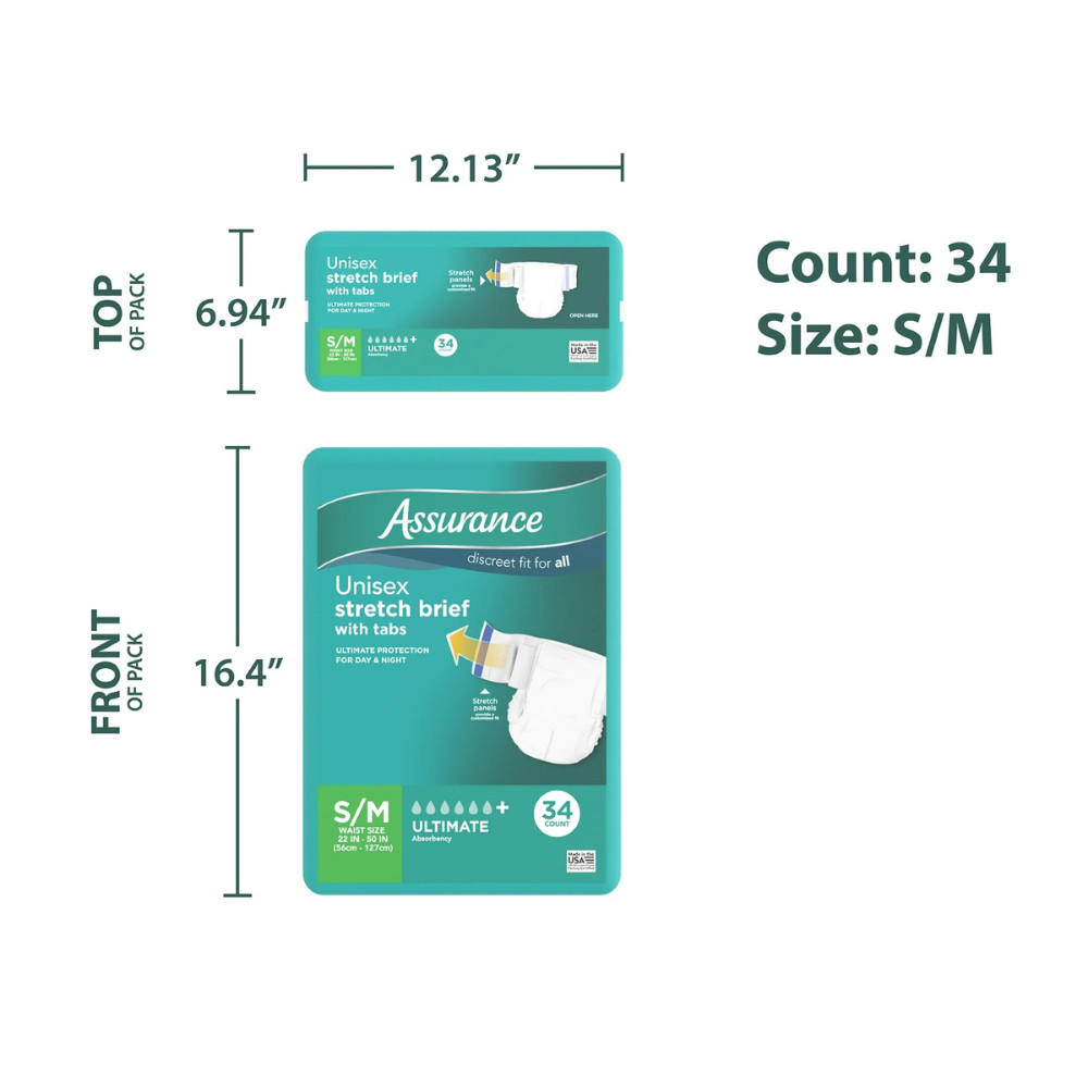 2 Pack Assurance Unisex Stretch Briefs with Tabs S/M 34 Count Each, Total 68 Ct