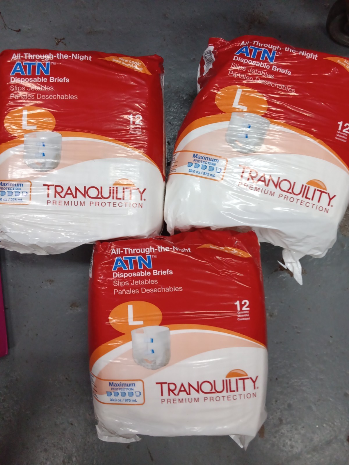 3 Pack, 36 Total, ATN Tranquility Disposable Briefs LARGE 759 RS