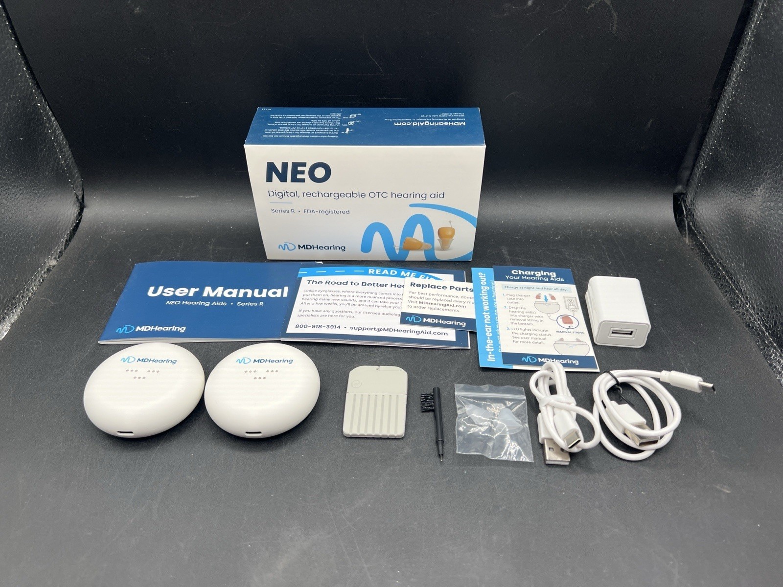 MDHearing NEO OTC Hearing Aids Digital Rechargeable w 2 Charger Case & Acc