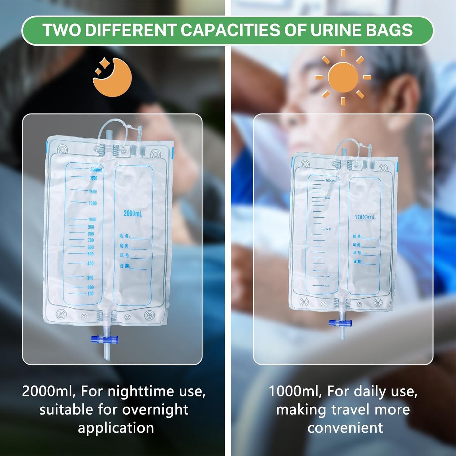 Urine Collection Bag for Men, Reusable Wearable Drainage Bag 2000ml+1000ml*2