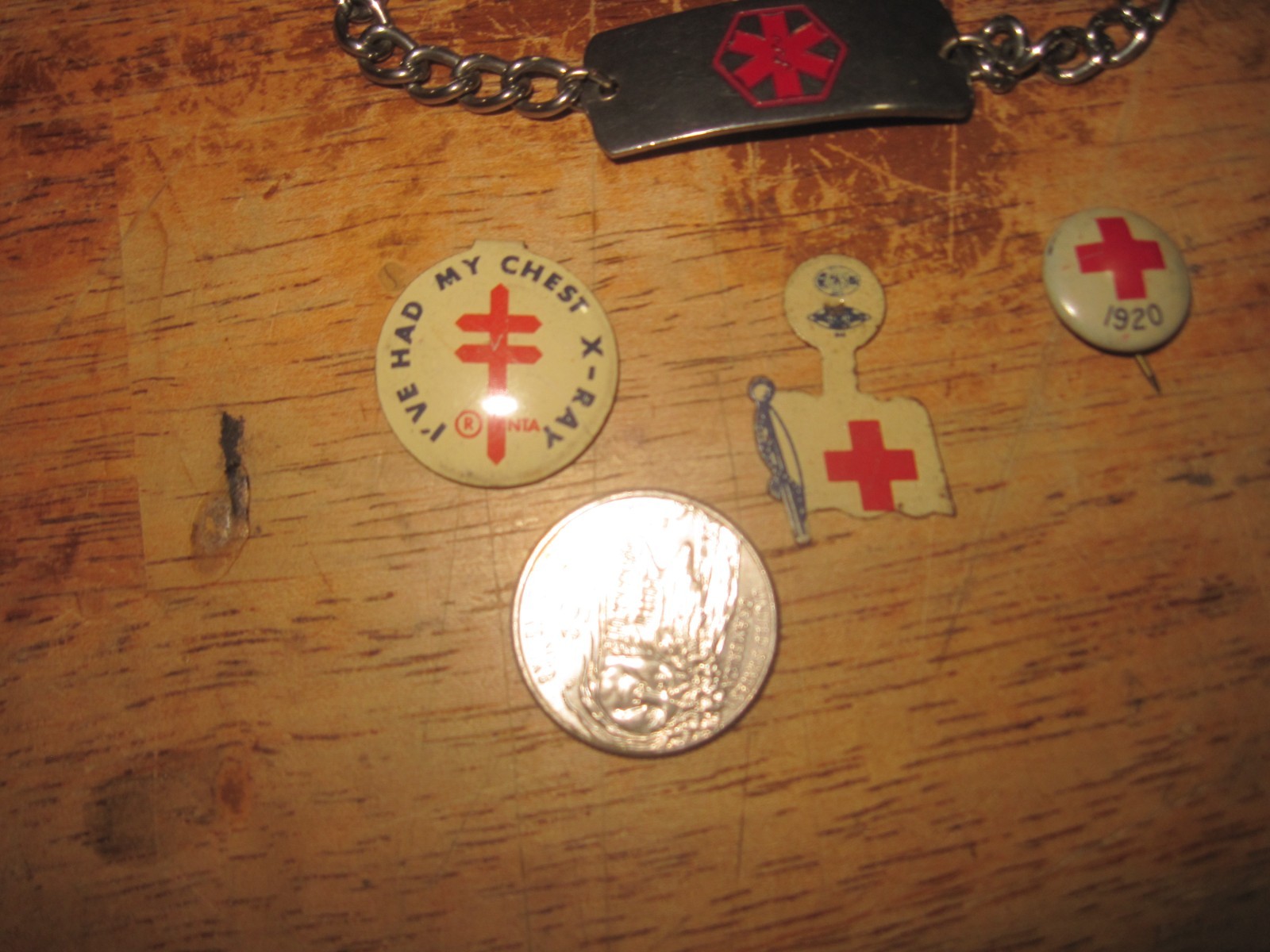 Vtg. Medical Alert Bracelet for “Drug Allergies” + 3 Old Metal Medical Pins