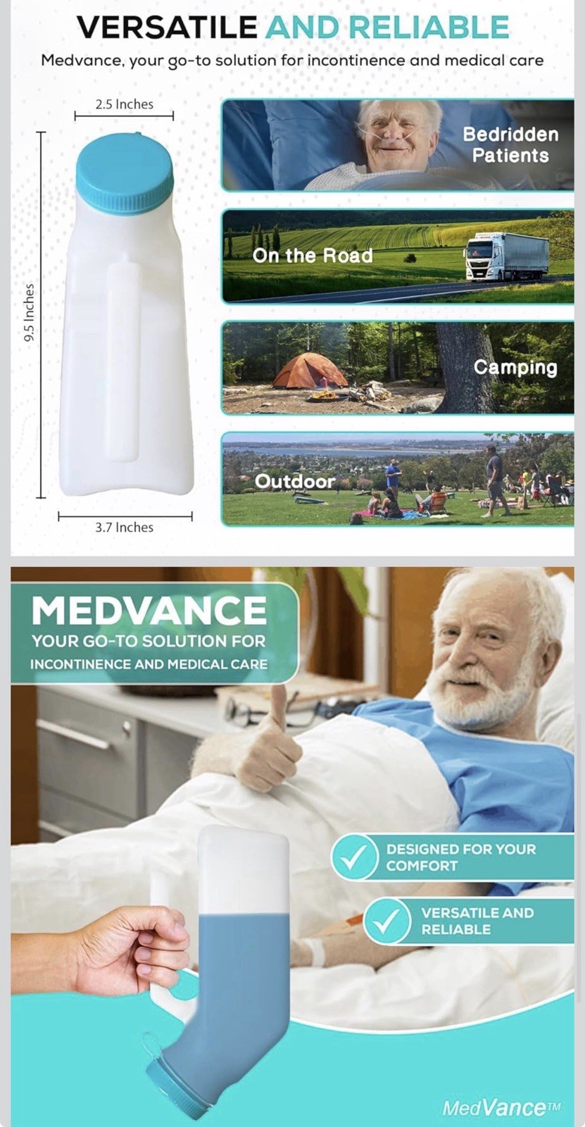 MedVance- Urinals for Men 1000ml with Glow in The Dark Spill Proof Pop Cap
