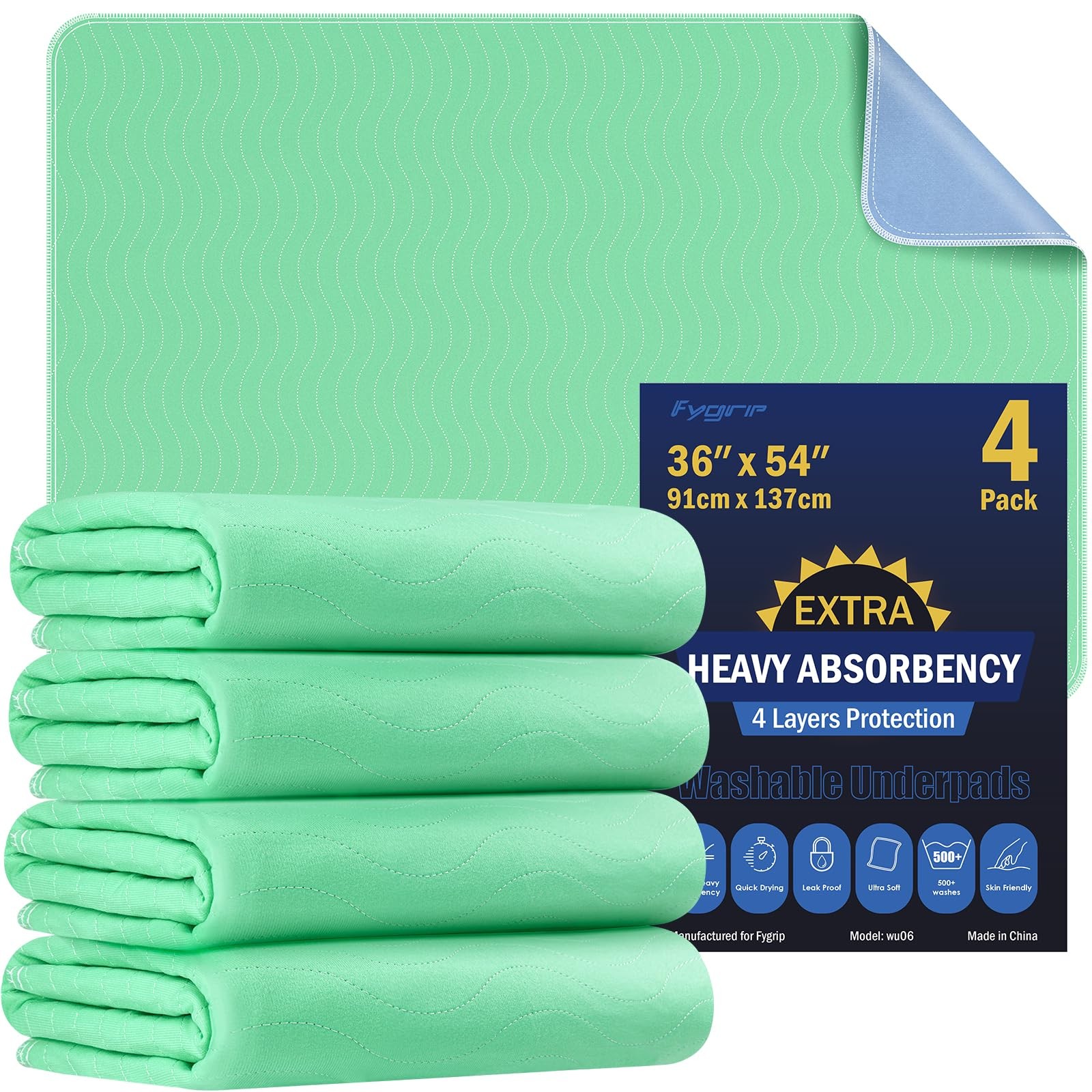 4 Pack 36” x 54” Extra Heavy Absorbency Washable Underpads, Waterproof Nursing