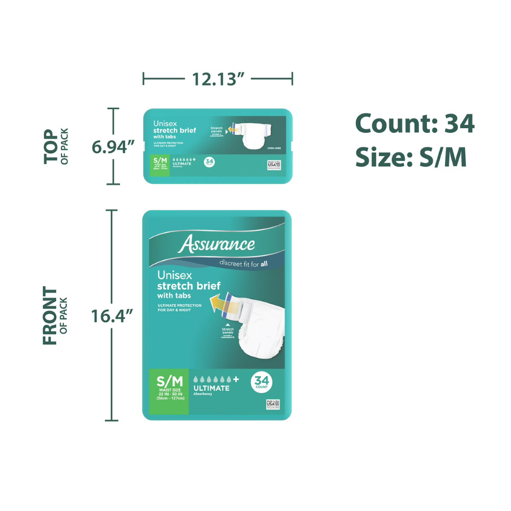 (Pack of 2) Assurance Stretch Briefs with Tabs, S/M, 34 Count, Total 68 Diapers
