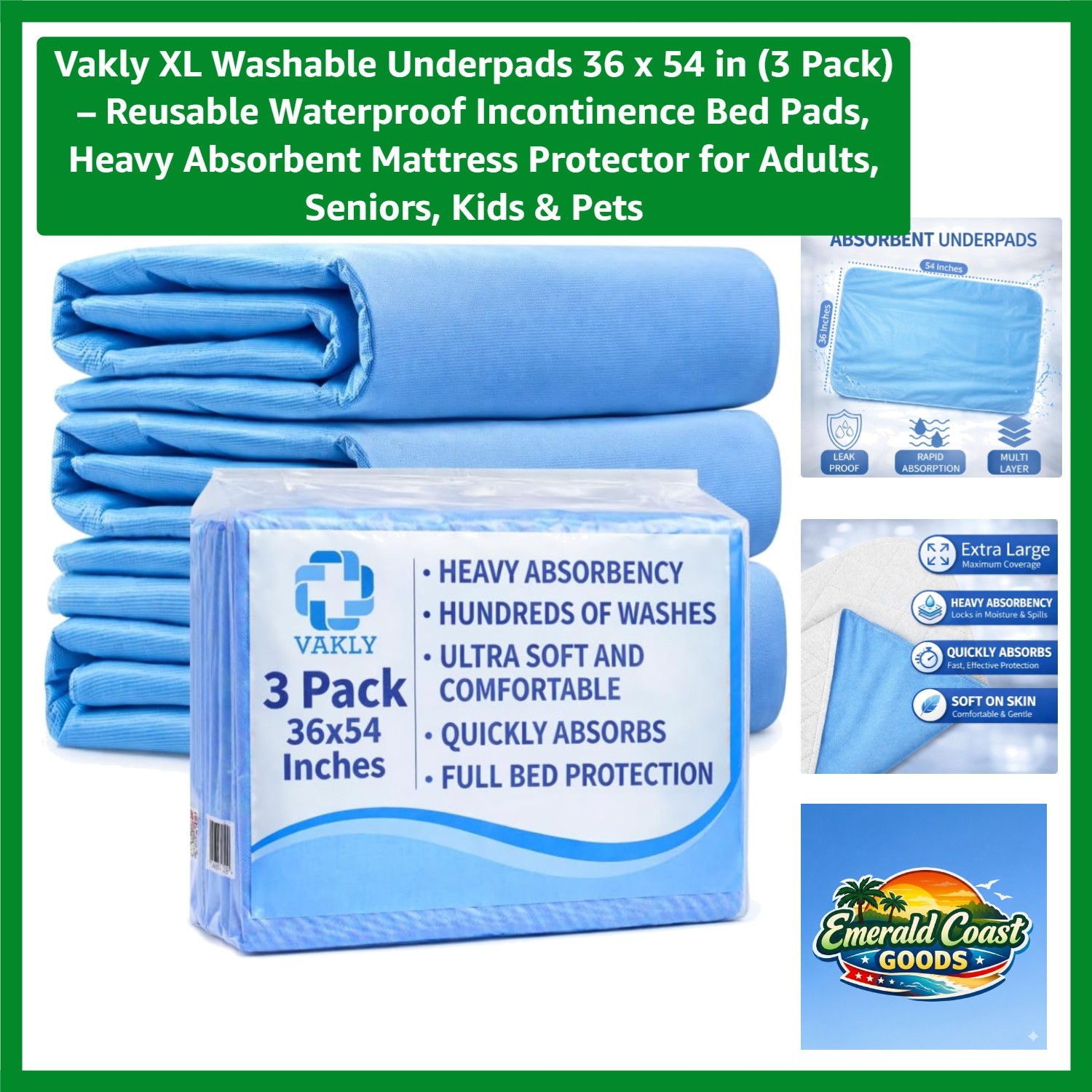 XL Washable Underpads 36 x 54 in 3 Pack – Reusable Waterproof Incontinence Be…