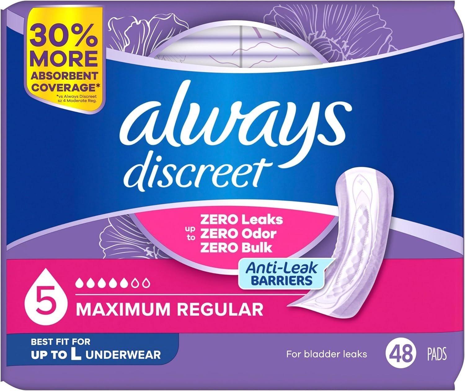 Always Discreet Adult Incontinence Pads for Women, Maximum Absorbency, Regular L