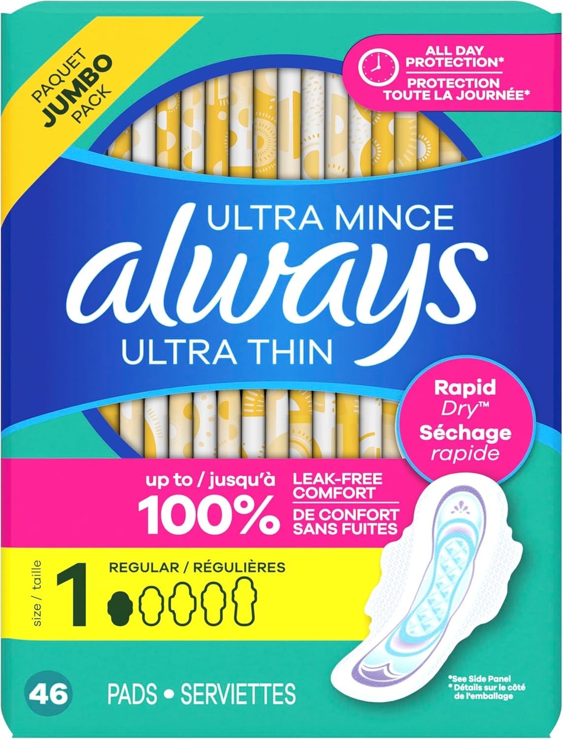 Always Ultra Thin Feminine Pads with Wings for Women, Size 1, Regular Absorbency