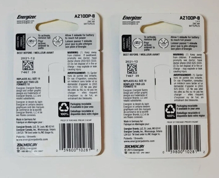 Energizer EZ Turn & Lock AZ10-DP-8 Zinc Air. 8 Hearing Aid Batteries