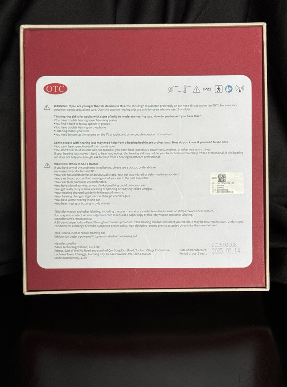 ZDEER BG11190 Digital Hearing Aid 64 Channel Rechargeable Battery Retail $499