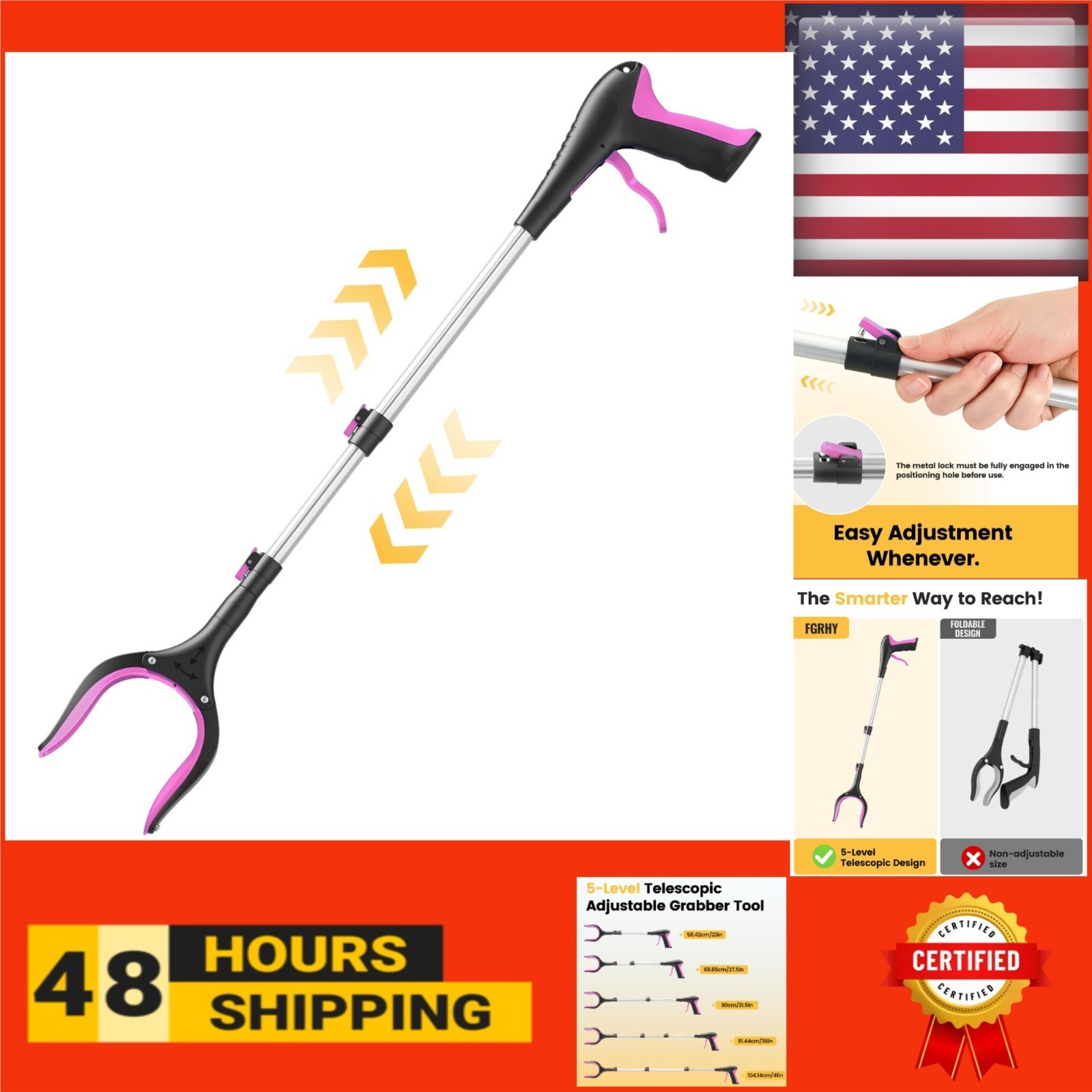 FGRHY Telescopic Grabber Reacher Tool – Adjustable Length 23” to 41”