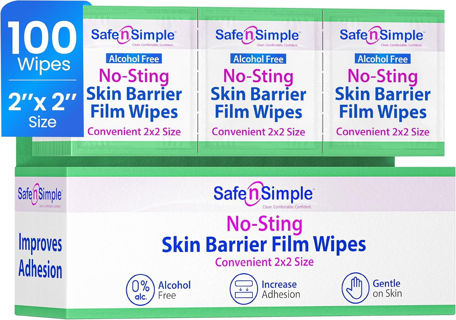 Safe n’ Simple Skin Barrier Wipes No-Sting – 2″ x 2″ – 100 Count – Alcohol-Free