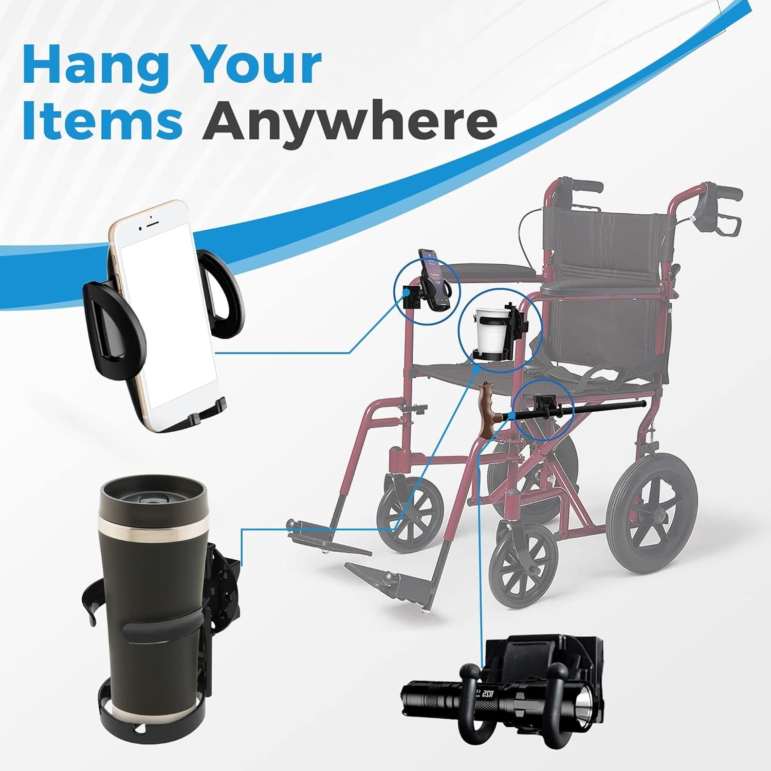 Portable 3-in-1 Mobility Aid: Phone Holder, Cup Holder, & Hooks for Independence
