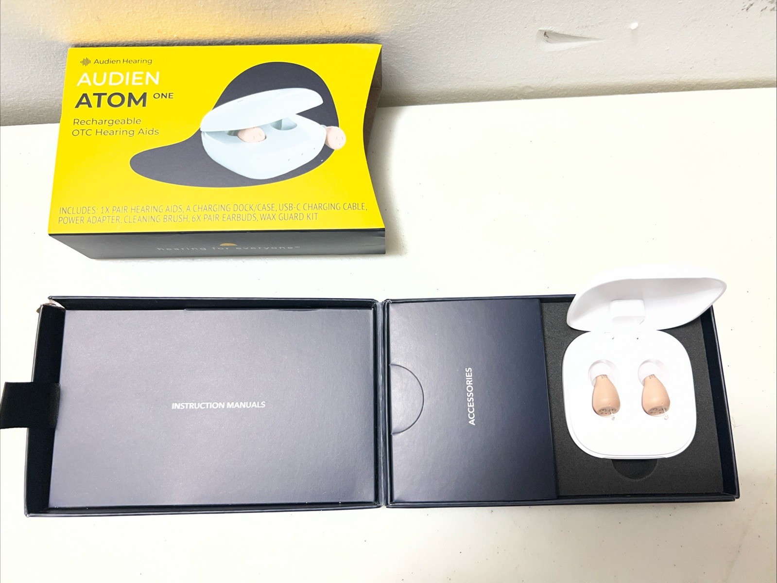 Audien Atom One Rechargeable OTC Hearing Aids Beige 20 Hr Battery NEW OPEN BOX