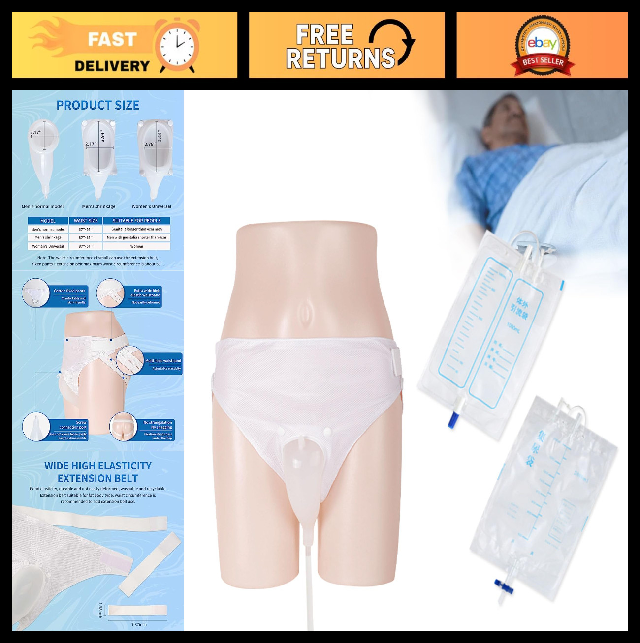 Wearable Urinal Collector Set for Men – Support Pants, 1.2M Tube, 1000ml & 2000m