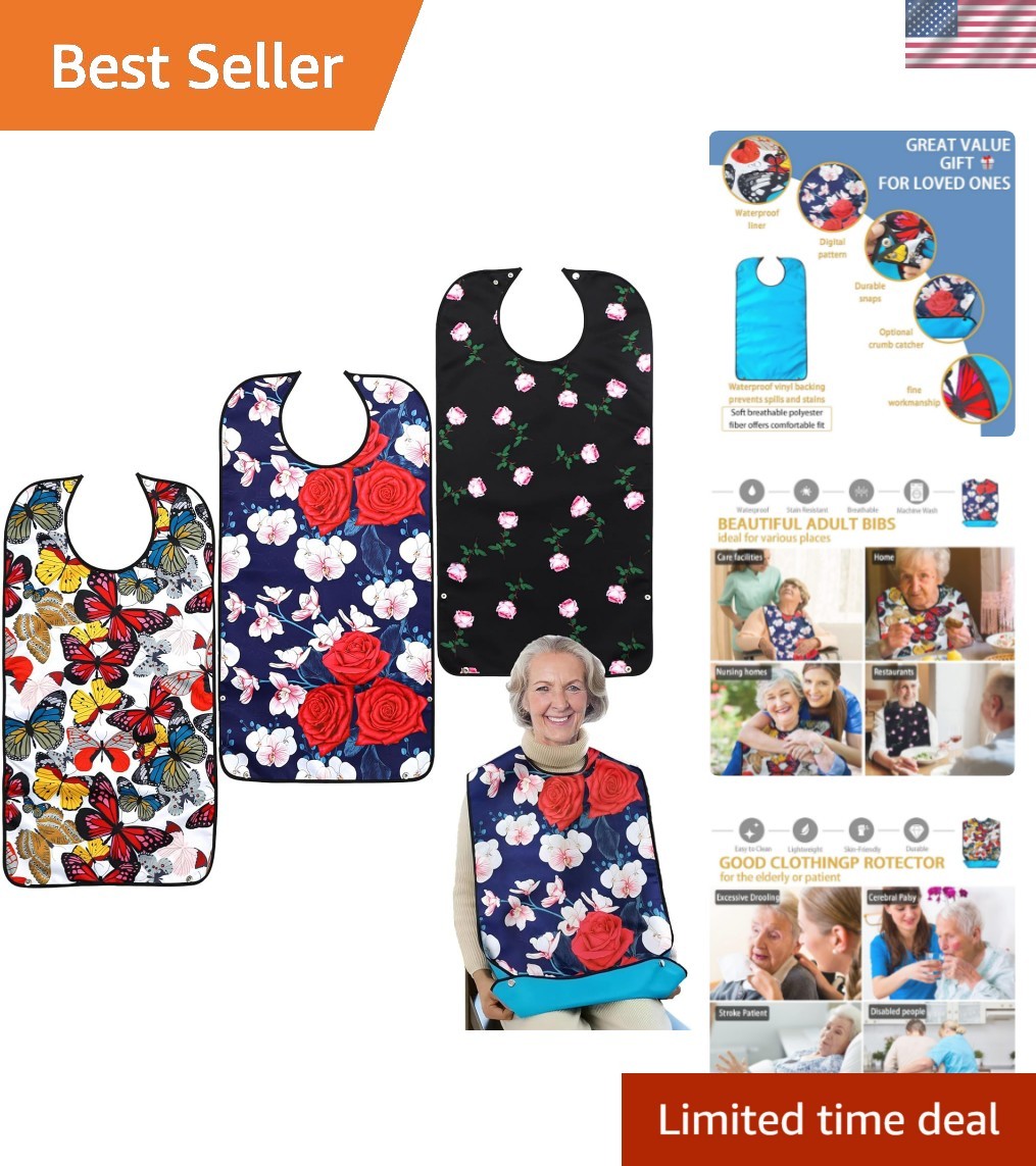 Large 3 Pack Washable Adult Bibs with Adjustable Snap & Crumb Catcher Features