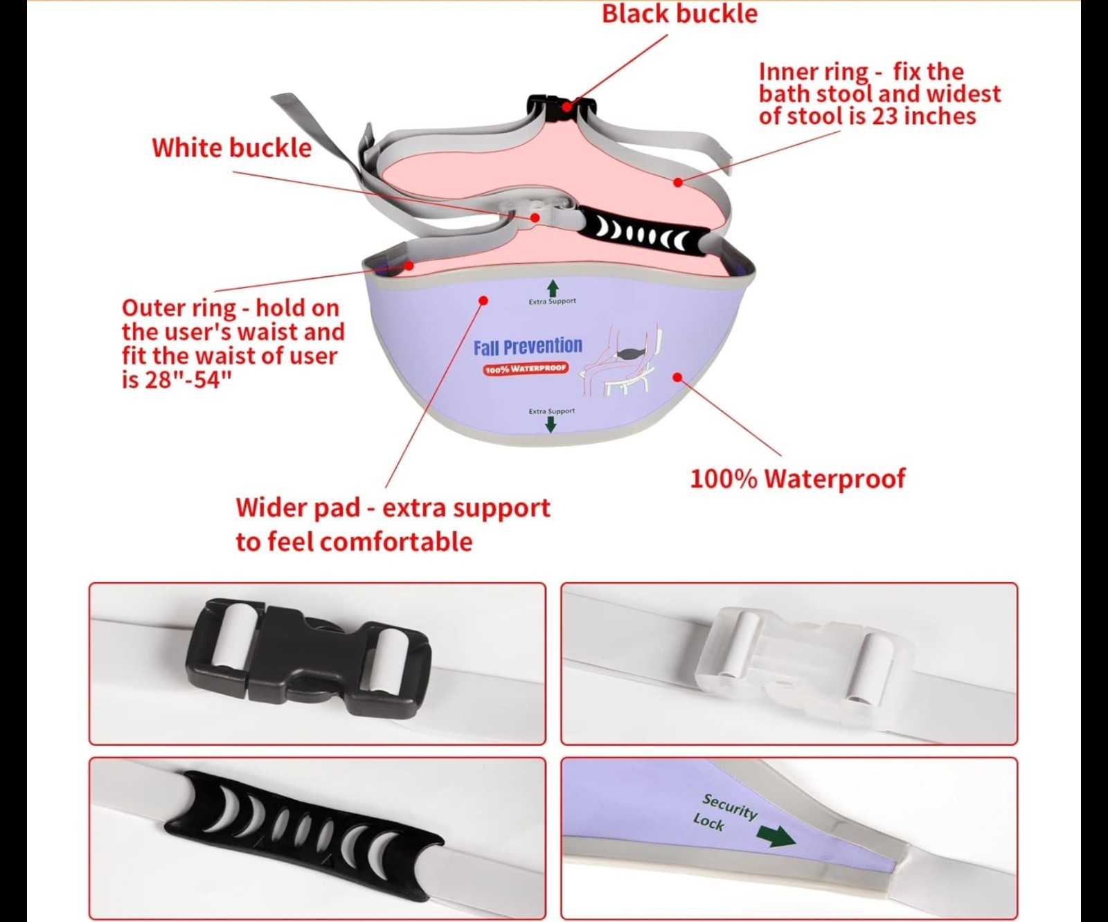 Ehucon Waterproof Shower Safety Belt, Fall Prevention, Purple/White