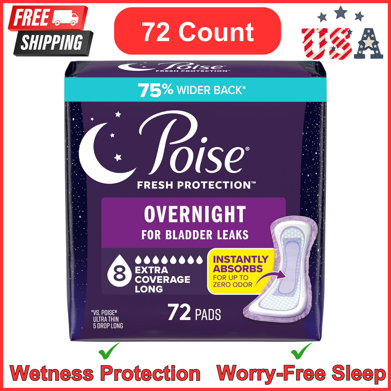 Poise Pads Womens Ultimate – Overnight – 8 Drop Extra Coverage 72 count