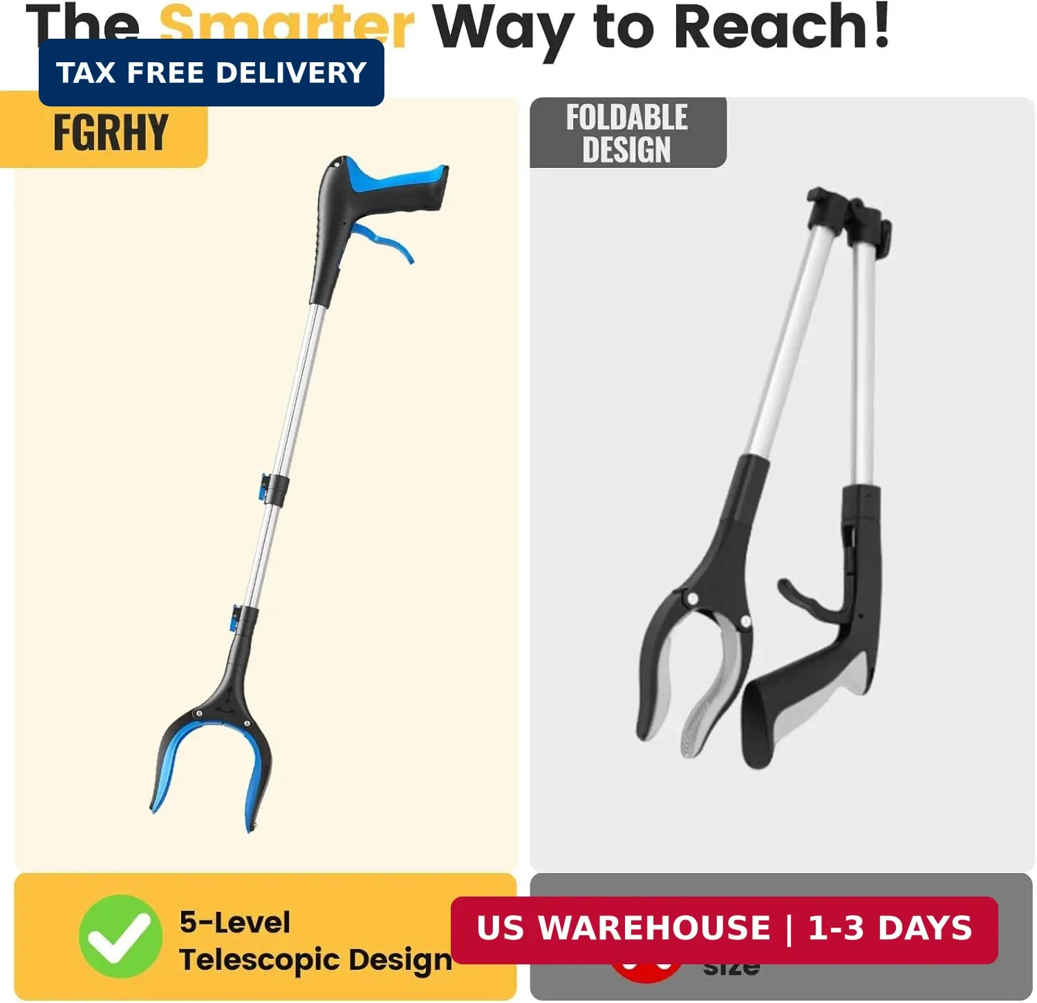 Telescopic Grabber Reacher Tool, 5-Level Adjustable Length (23” to 41”) – Tras