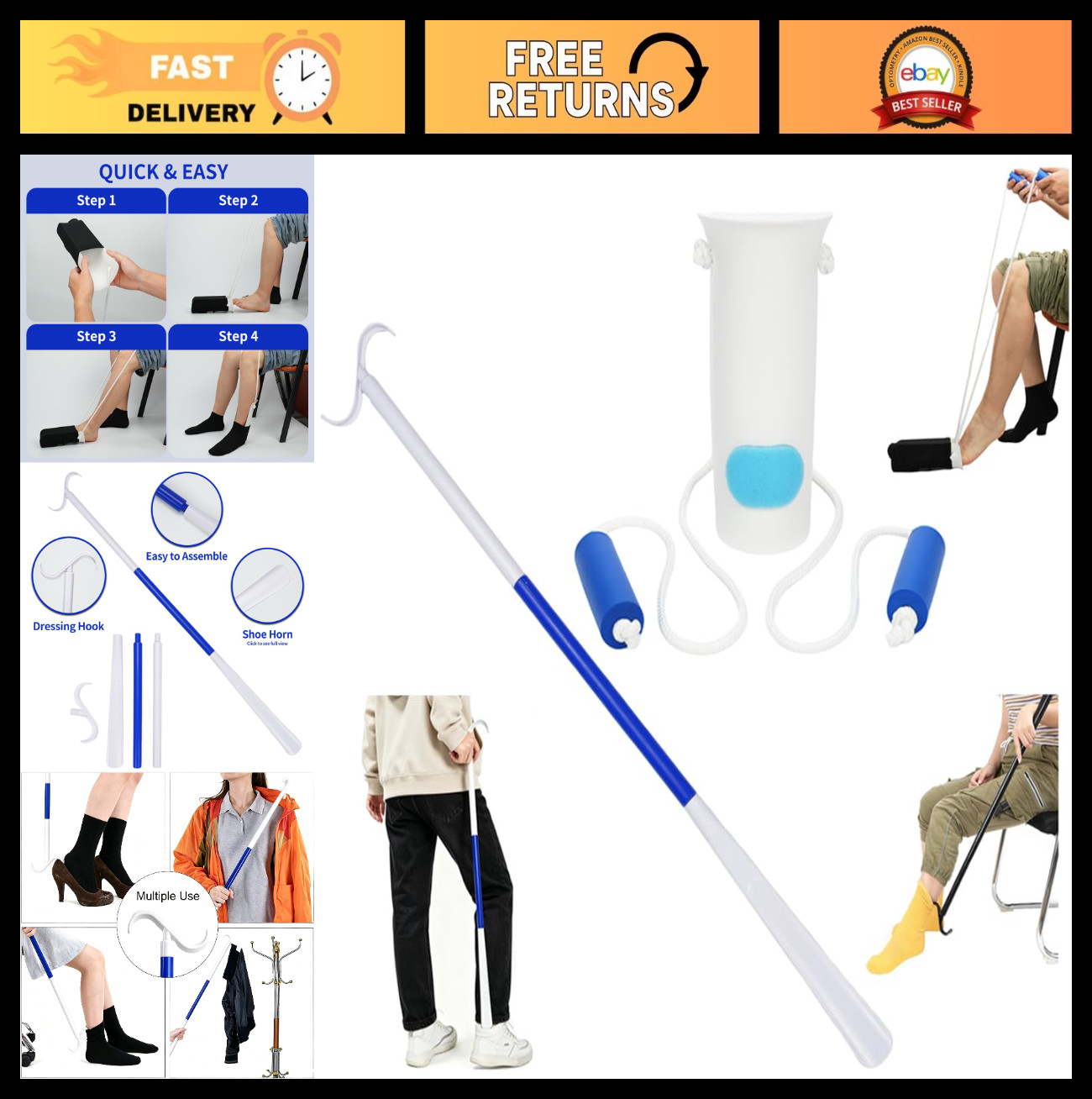 Sock Aid Kit with Long Handle Shoe Horn – Sock Helper for Seniors & Disabled, Mo