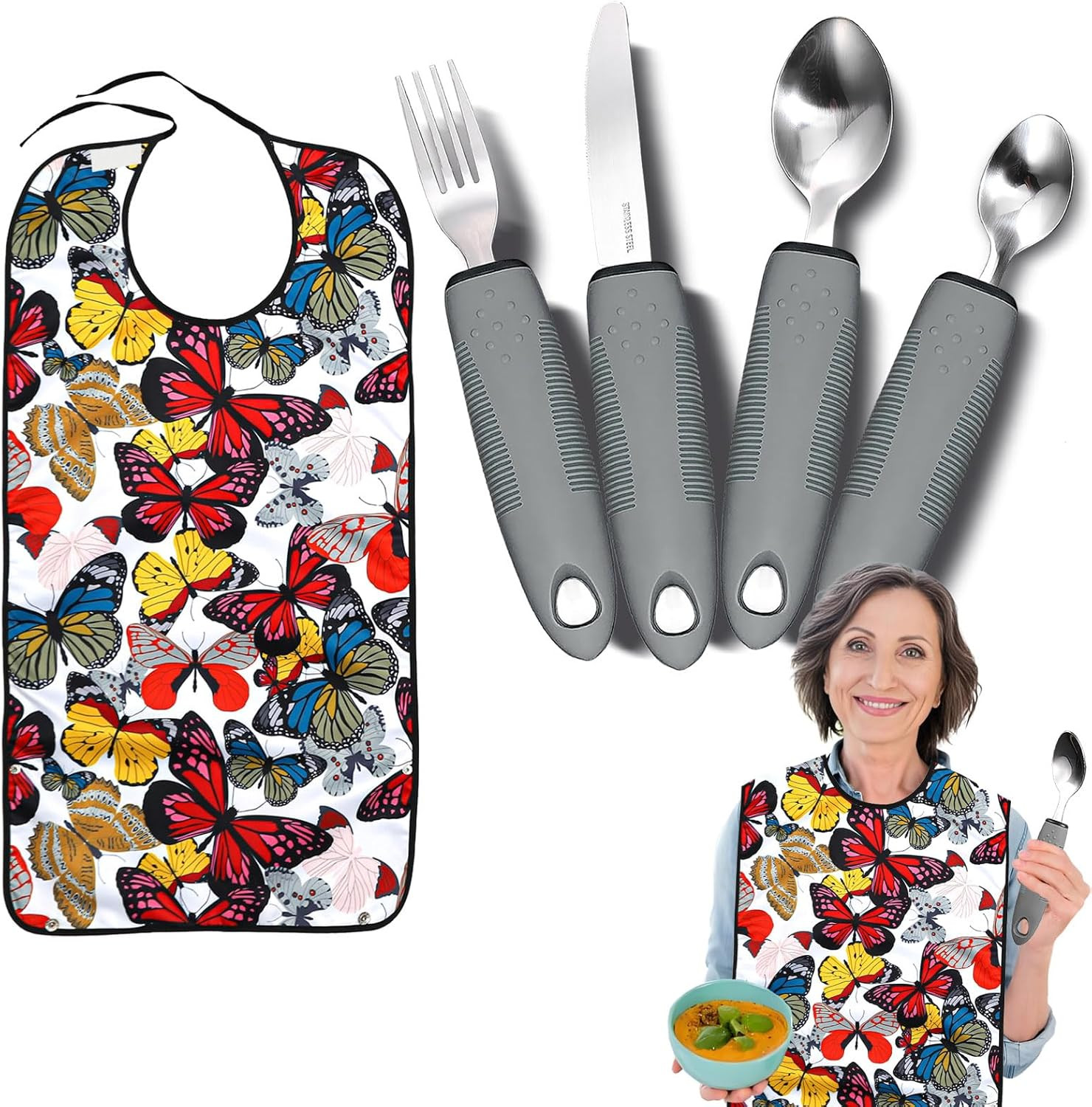 Adaptive Utensils with Adult Bibs for Women – 4Pcs Weighted Utensils Set 2.5Oz