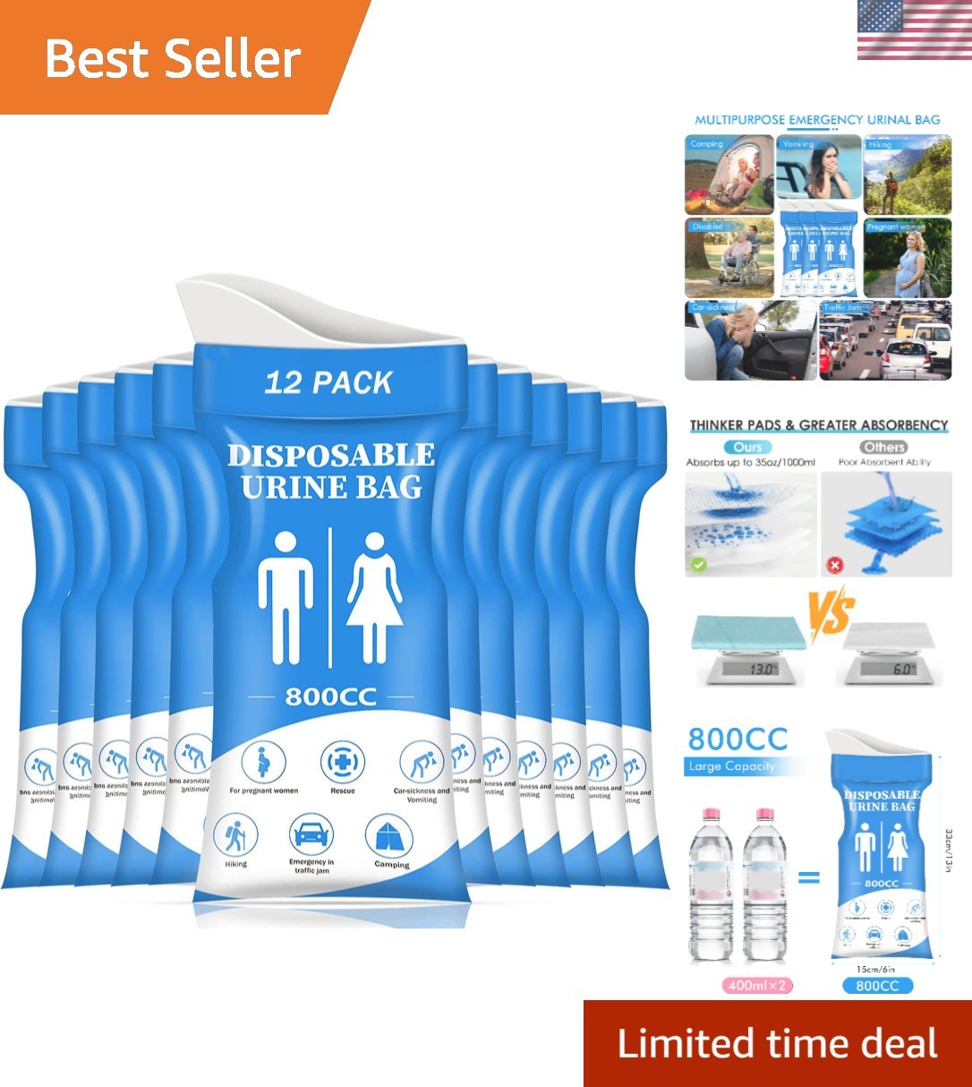 Disposable Urine Bag, 12/24 PCS Pee Bags for Travel for Women/Men, 800ML Emer…