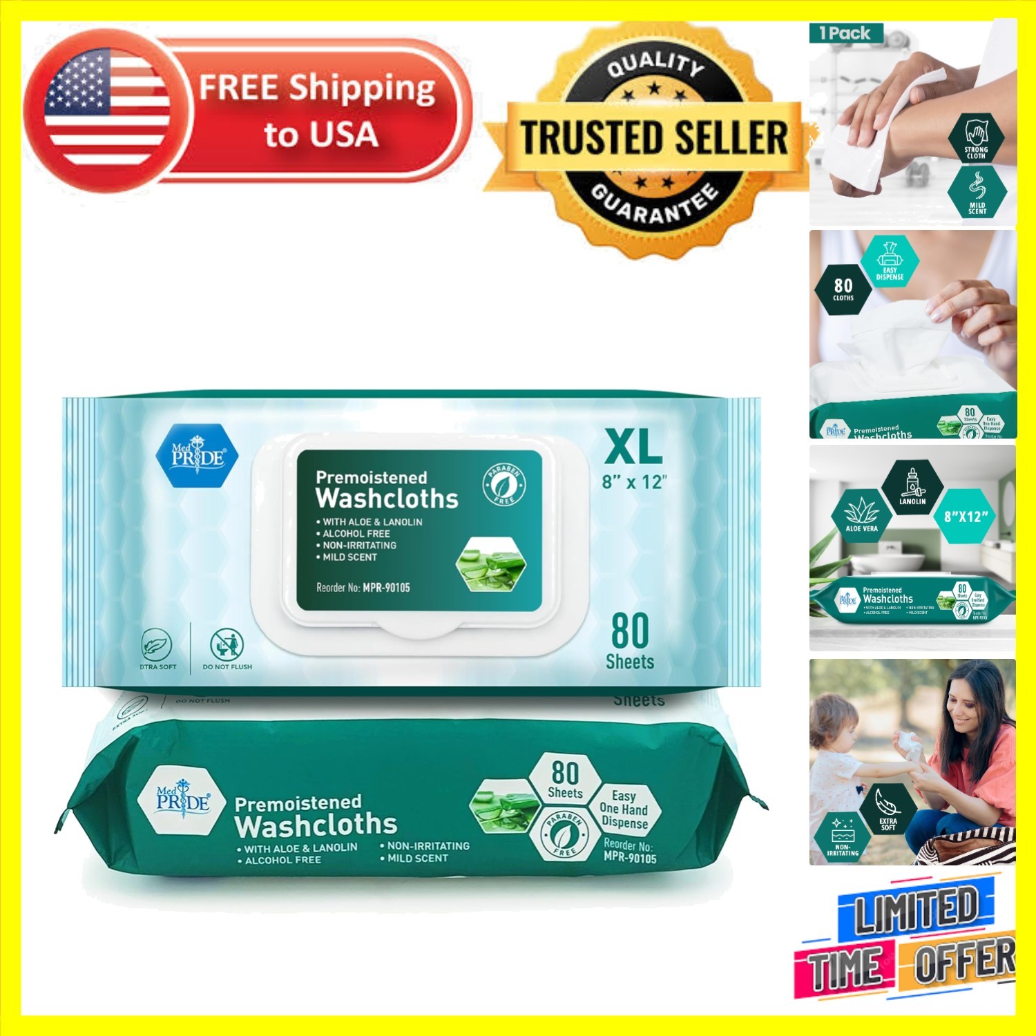 Extra Soft Aloe Vera Wipes for Sensitive Skin – 80 Pack Disposable Washcloths