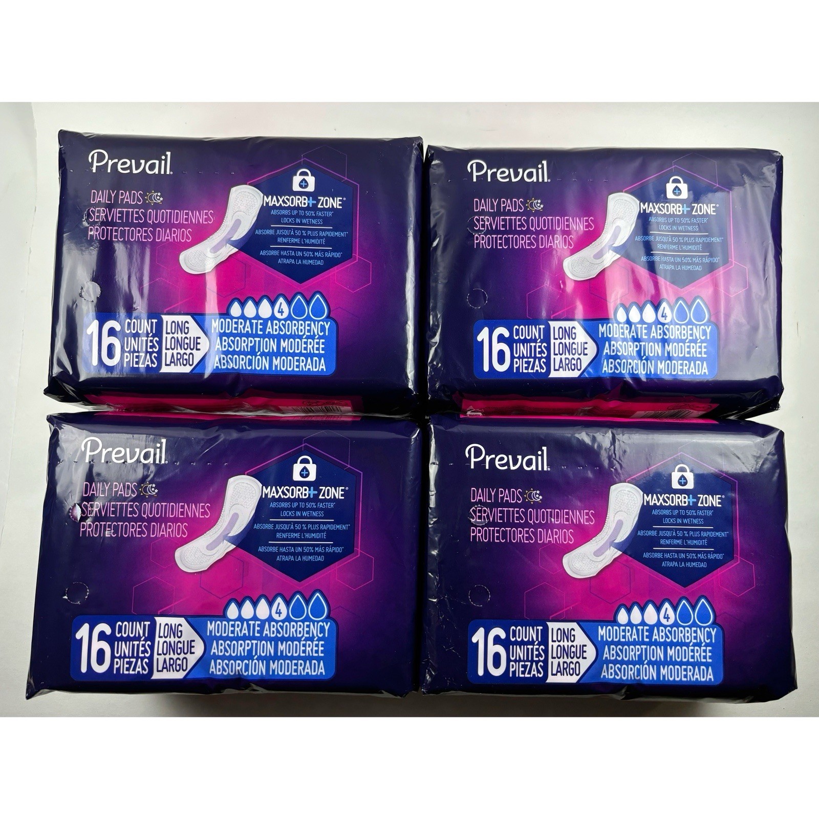 Prevail Daily Pads Moderate Absorbency Long Pads NEW 4 Packs of 16ct ~ Total 64