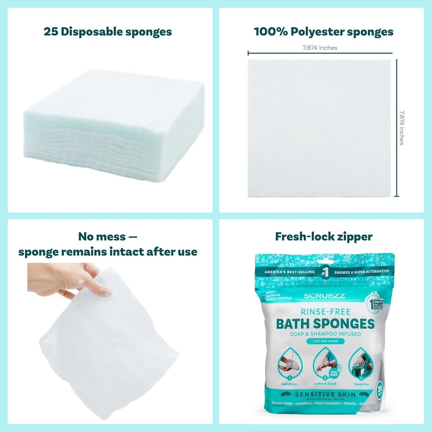 All-in-One Rinse-Free Bathing Wipes – 25 Pack for Sensitive Skin Convenience