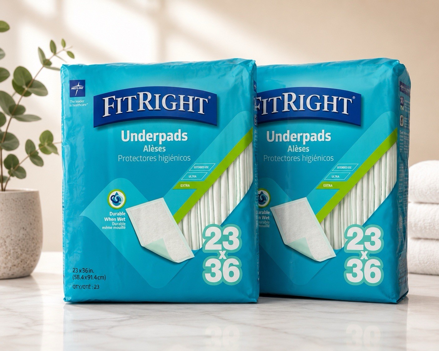2 Pk Medline FitRight Extra – 30 Disposable Underpads For Beds & Furniture 23×36