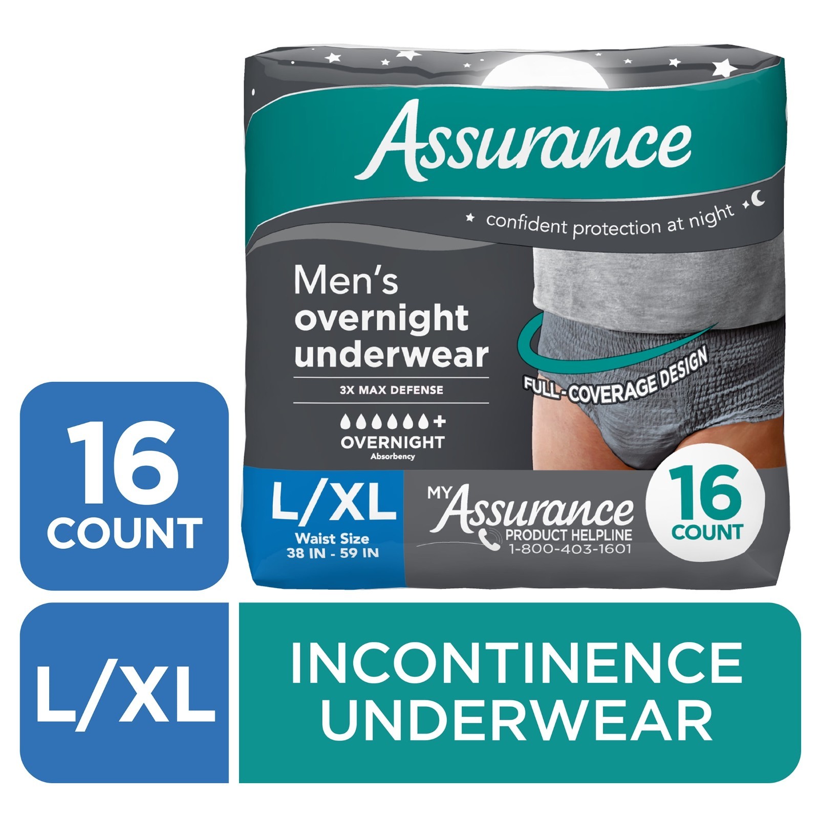 3PK Assurance Mens Overnight Incontinence Underwear, L/XL, Ultimate Absorbency