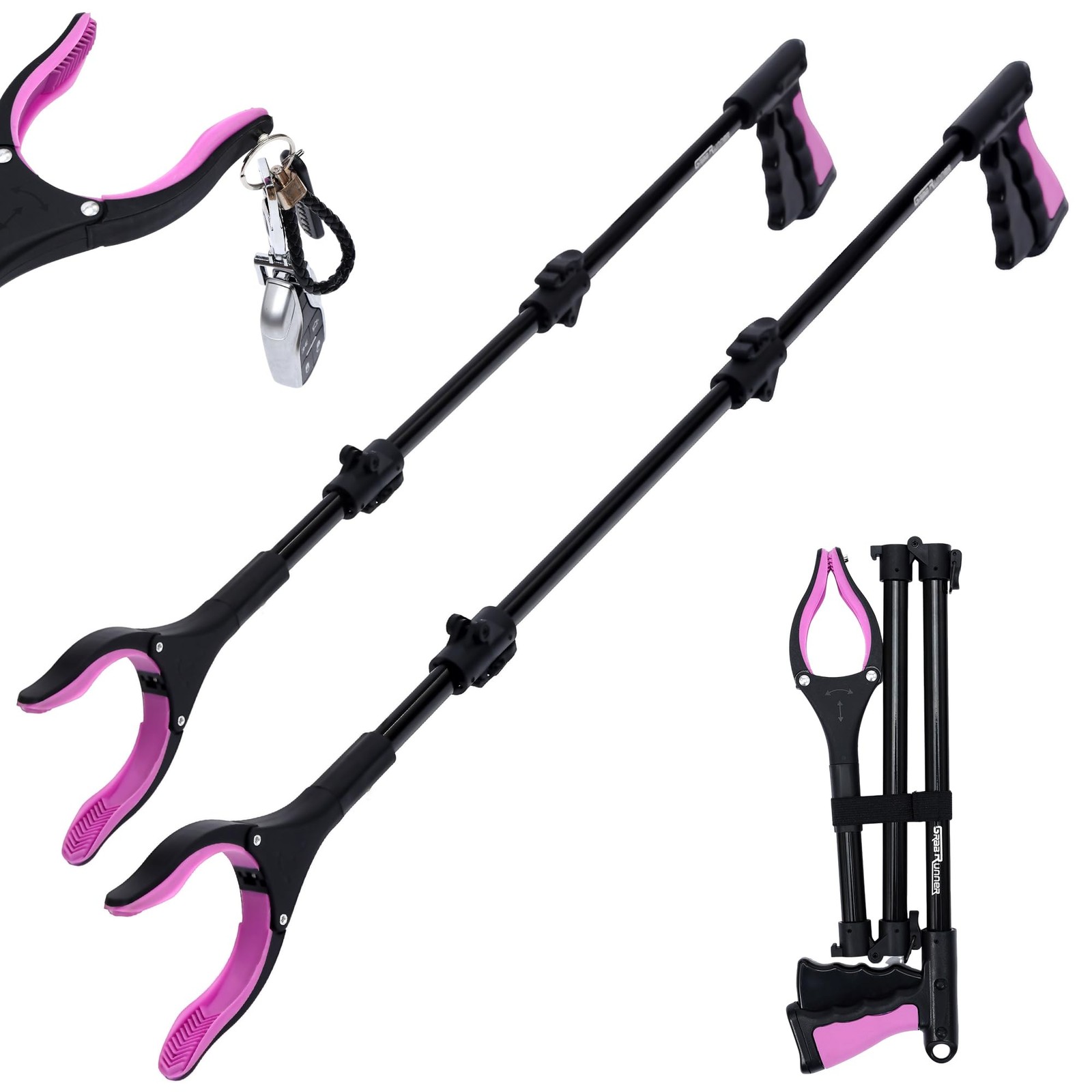 38″ & 44″ Extra Long Grabber Reacher Tool – 2 Pack Foldable Long, Pink