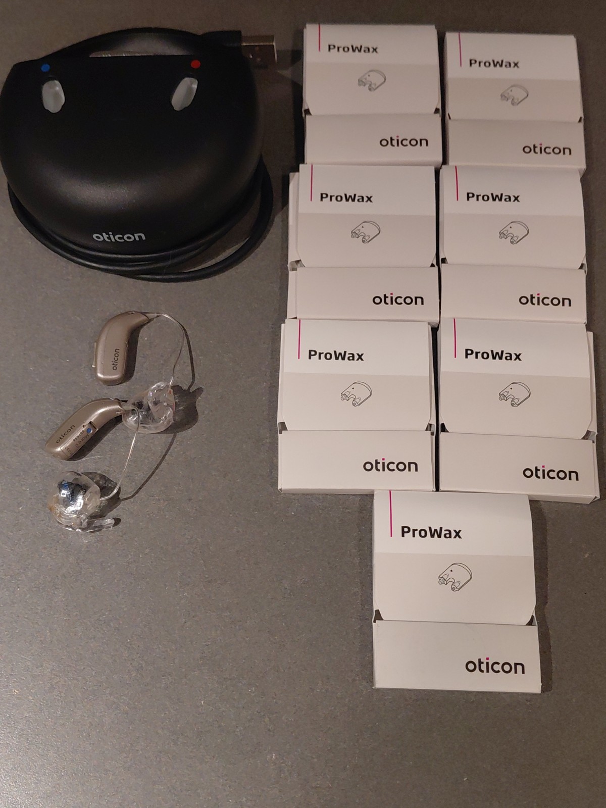 Oticon More 2 Hearing Aids W/ Charger, 7 Prowax Packs All Tested