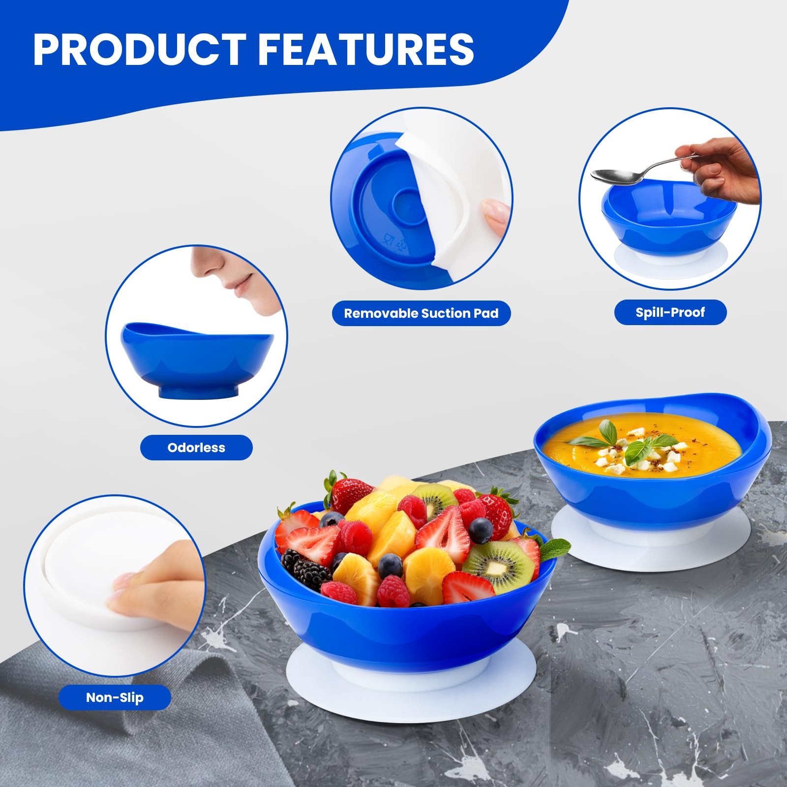 Spill Proof Scoop Bowl with Non Skid Suction Base Adaptive Dinnerware 2 Pack