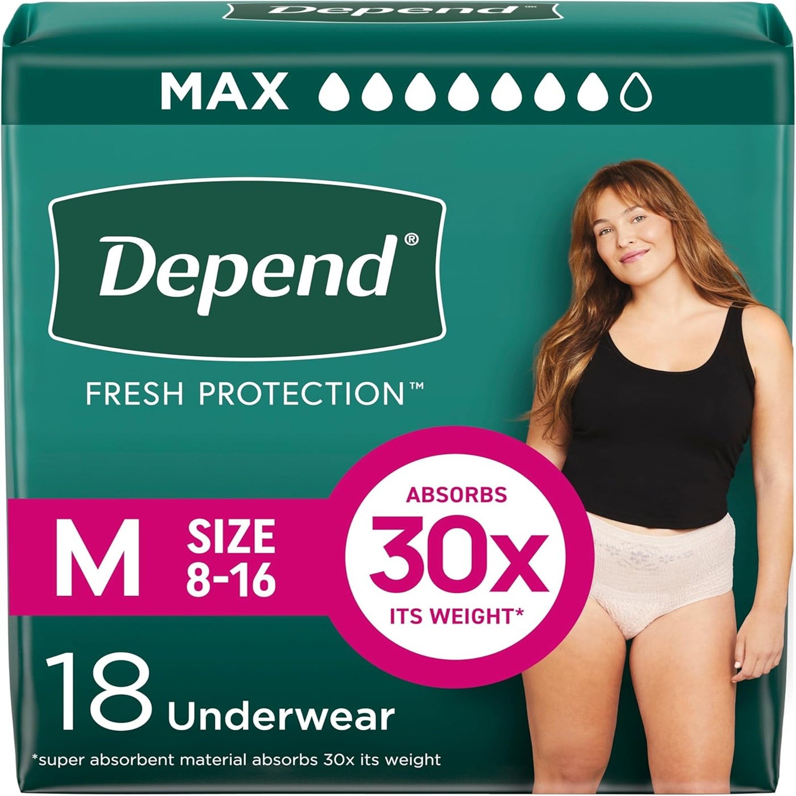 Depend Fresh Protection Women’s Bladder Leak Underwear, Max Absorb, Medium 18 Ct