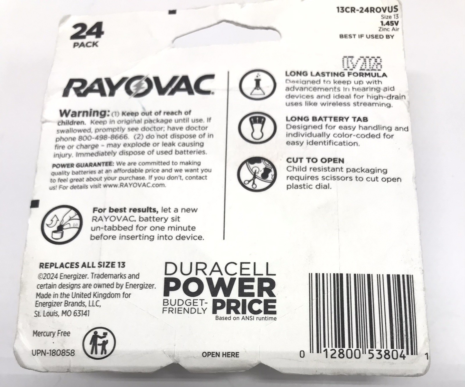 Rayovac Size 13 Hearing Aid Batteries Zinc Air 24 Pack Disposable 1.45V