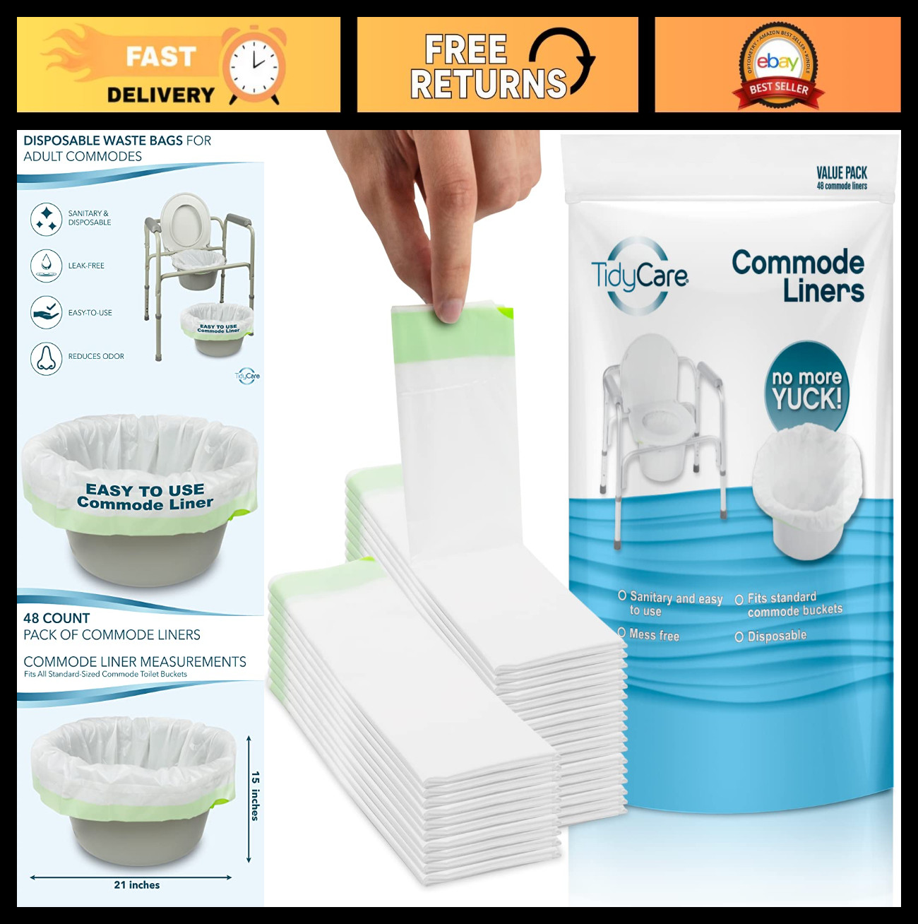 Disposable Commode Liners for Portable Toilets & Bedpans | 48-Pack Waste Bags