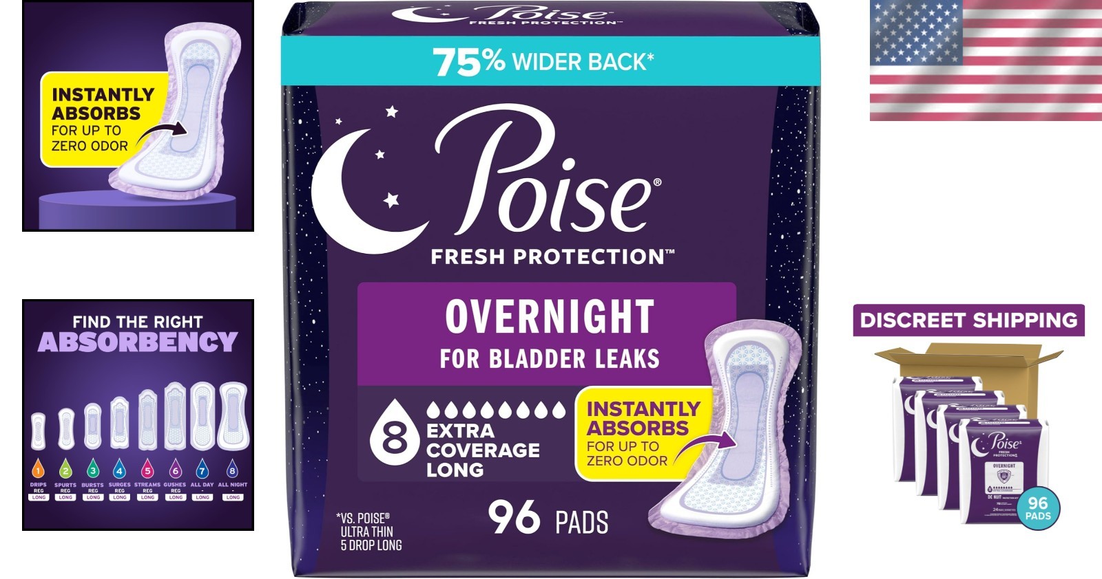 Poise 96ct Overnight Incontinence Pads – Adult Women, 8 Drop, Fragrance-Free