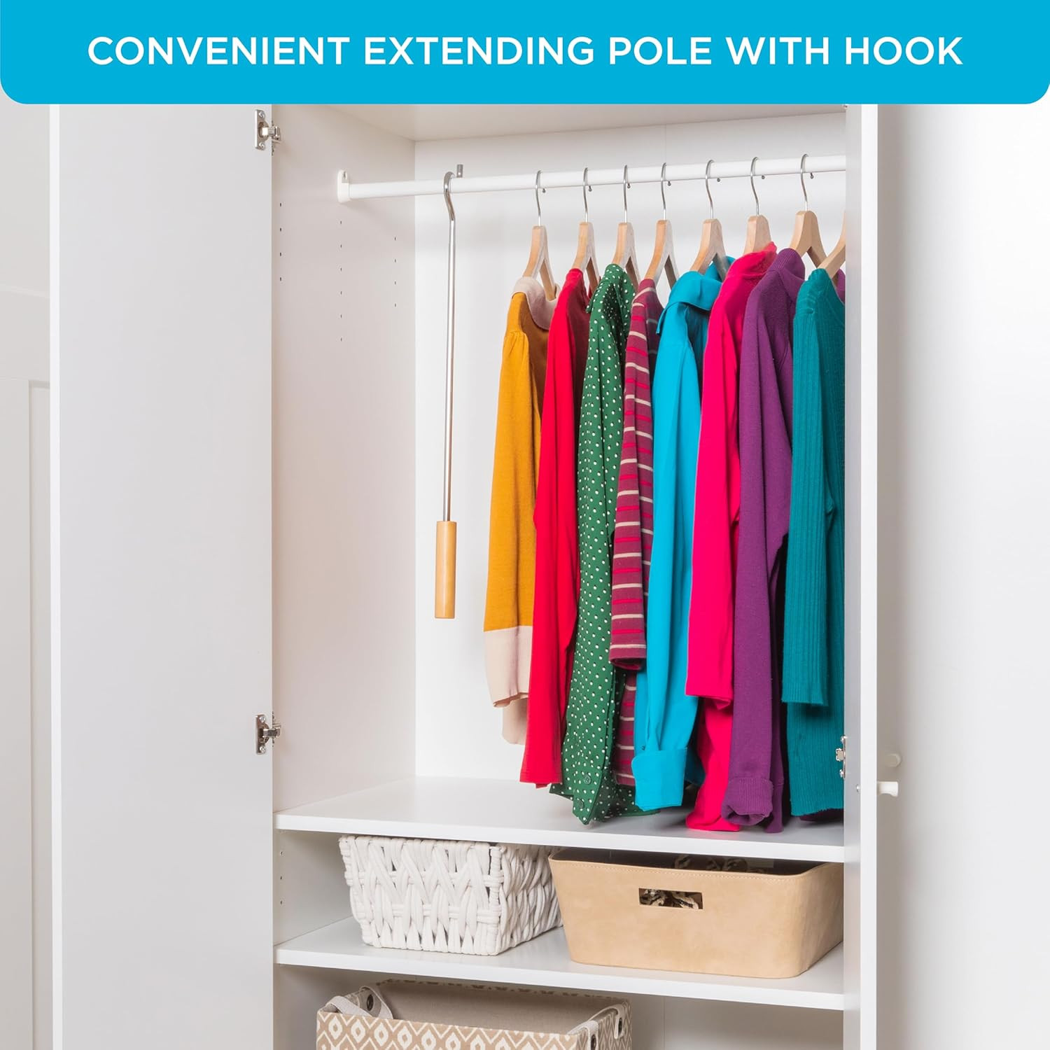 Closet Reacher Pole with Hook and Wooden Handle Adjustable 2.75-5 Feet