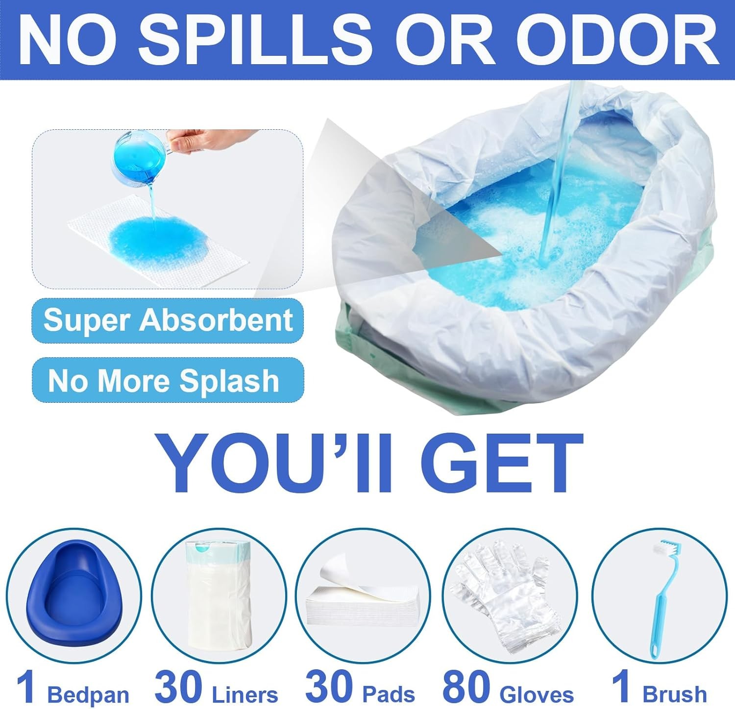 Bed Pan Set with 30 Disposable Liners, 30 Absorbent Pads, 80 Gloves and a Cleani