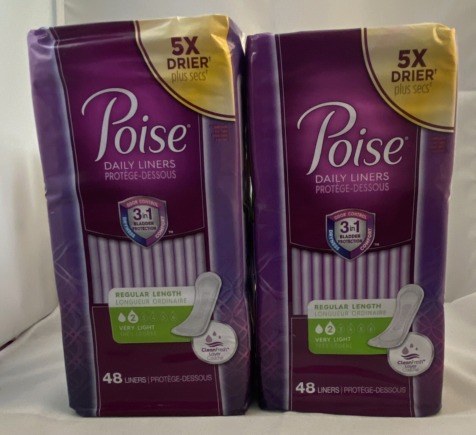 2x Poise Daily Liners Regular Length Very Light (#2) Absorbency (48 Liners)