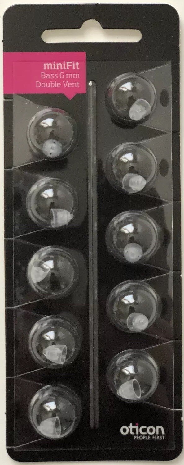 10 Pack Oticon miniFit 6mm Bass Double Vent Domes For Hearing Aids. 100 Total.