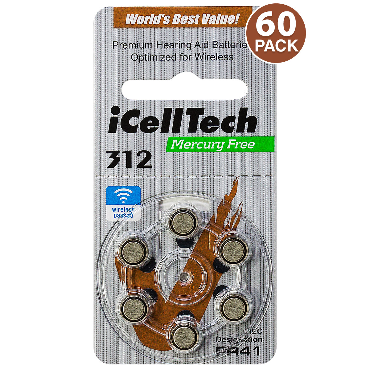 iCellTech Size 312 PR41 P312 MF Zinc Air Hearing Aid Batteries (60 Pack)