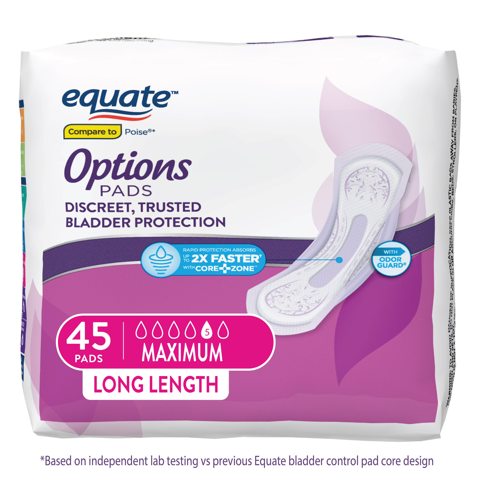 Options Women’s Incontinence Pads, Maximum Absorbency, Long Length, 45 Count