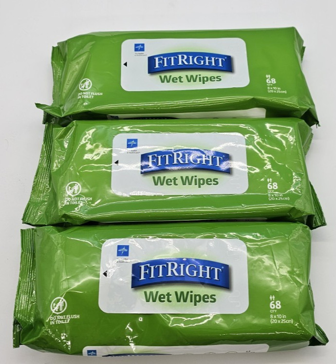 3 Medline FitRight Wet Wipes,68ct Each 204 Count 8″ X 10″ Clean Fresh exp 2024 E