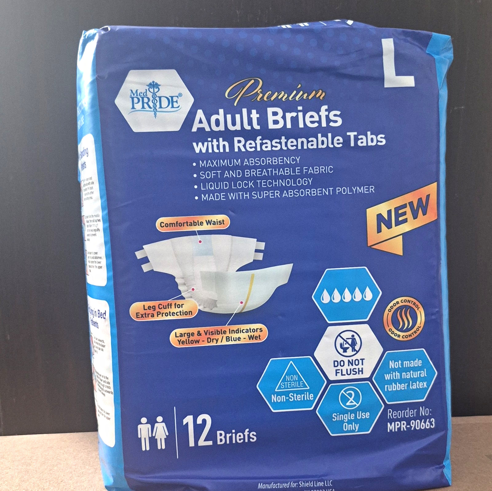 Med PRIDE Adult Briefs Large Max Absorbency Refastenable Tabs White/Blue 12