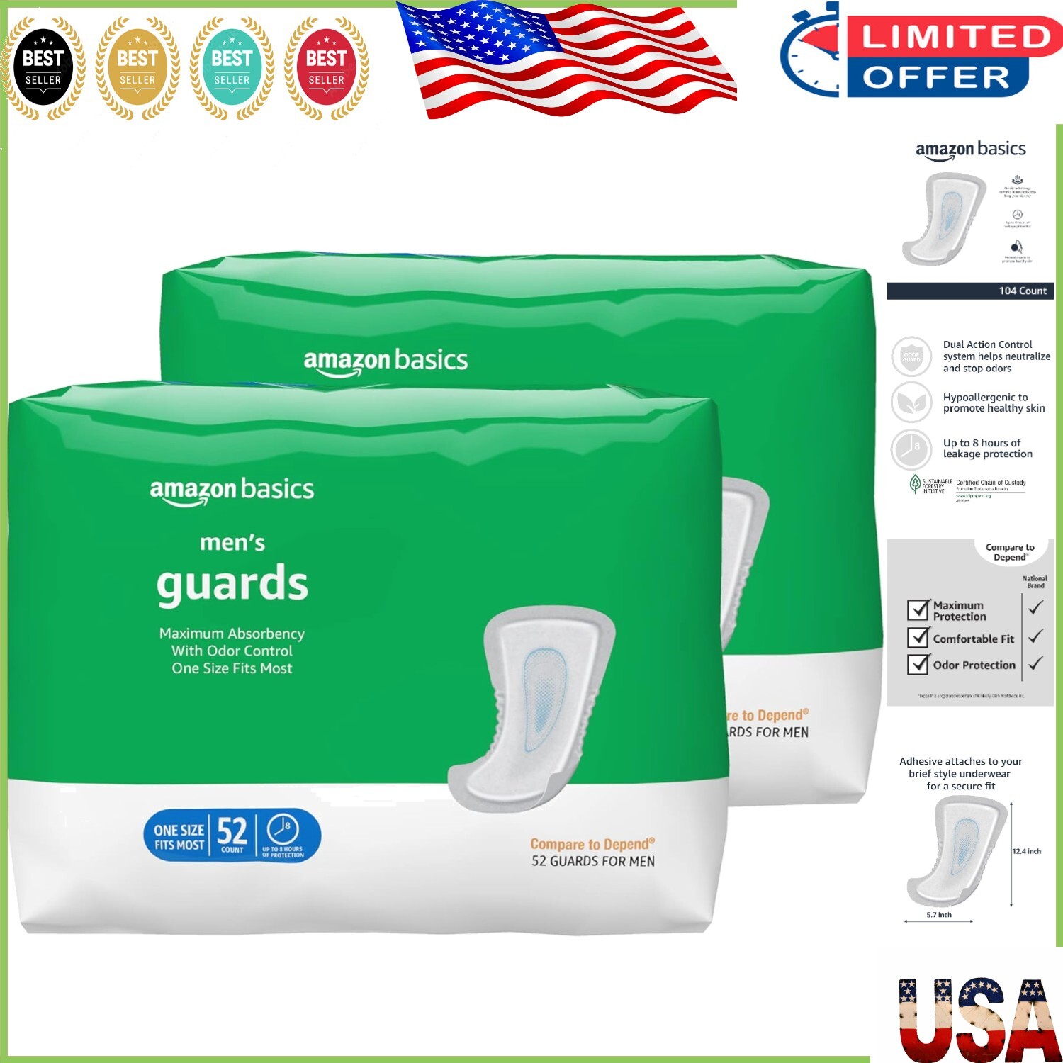 Comfort Fit Men’s Incontinence Guards – 104 Pack, Dual Odor Control Technology