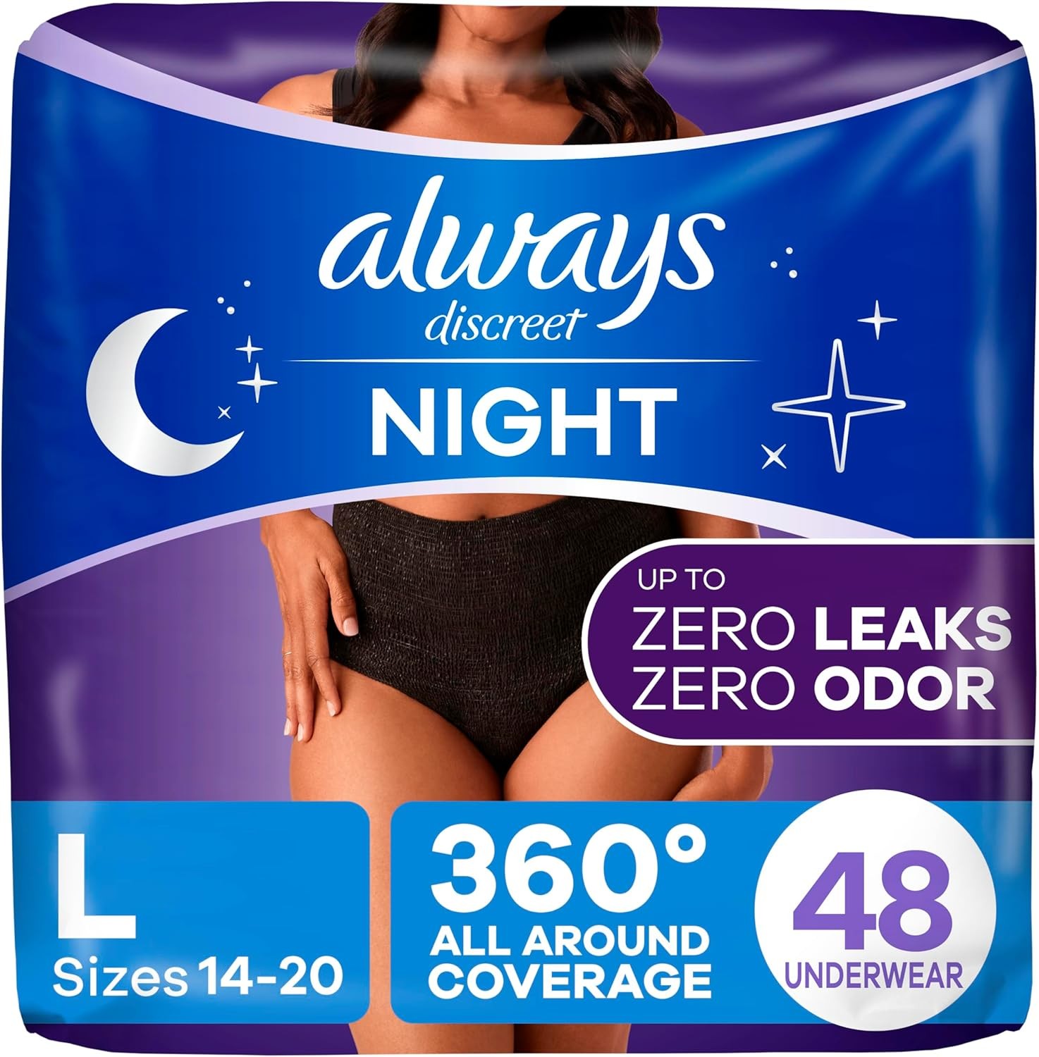 Always 360º Overnight Black Women’s Large Incontinence Underwear — 42 CT BUNDLE