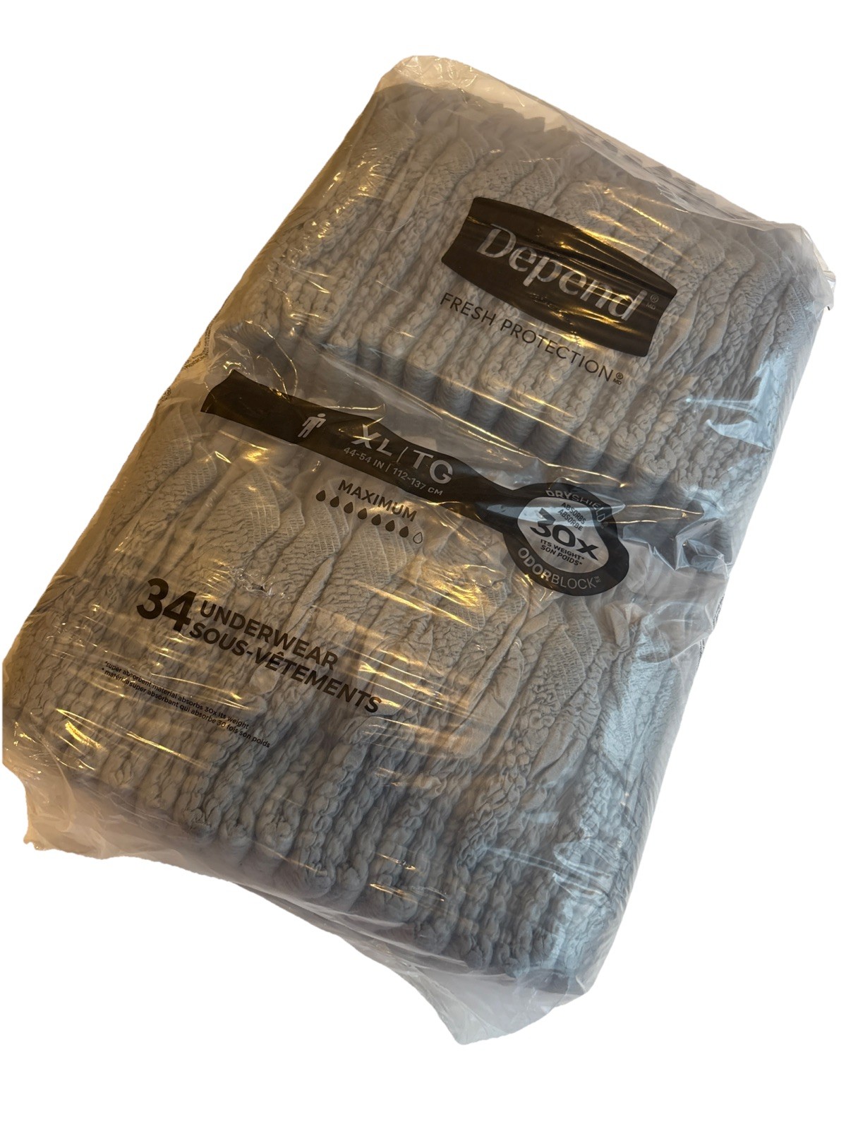 DEPENDS Fresh Men’s Grey XL 34 Count Underwear 44-54inch Drysheild Odor Block
