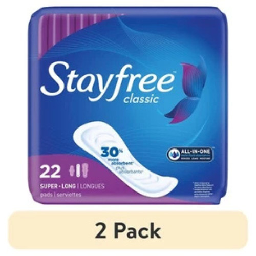 (2 pack) Stayfree Classic Pads Super Long without Wings, Unscented, 22 Ct