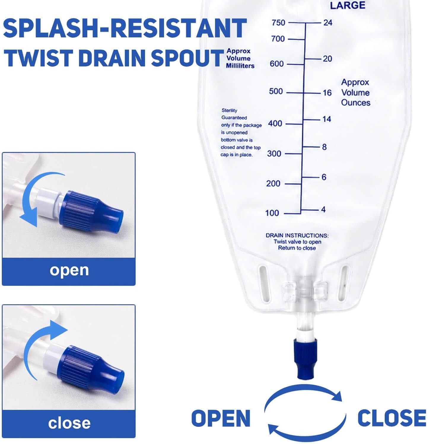 750ml Nephrostomy Drainage Bags 3 Pack 24″ Silicone Tubing Twist Drain Valve